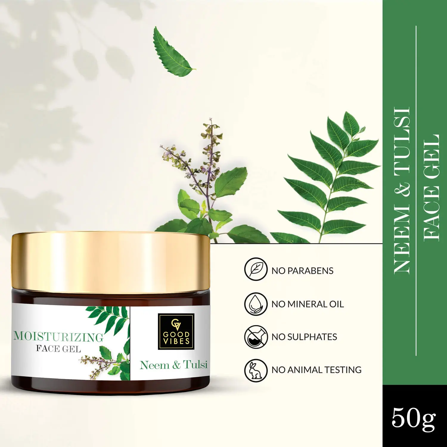 Good Vibes Neem & Tulsi Moisturizing Face Gel | Anti-Acne, Hydrating, Moisturizing | No Parabens, No Sulphates, No Mineral Oil (50 g)