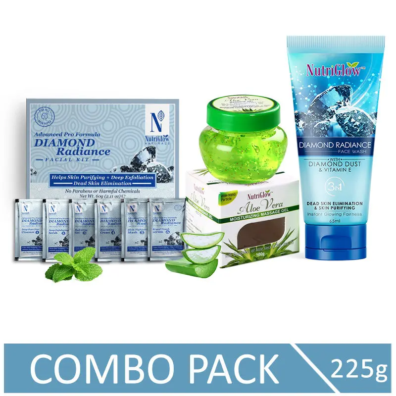 NutriGlow NATURAL'S Advanced Pro Formula Combo of 3 Diamond Radiance Facial Kit (60 gm)/ Aloe Vera Face Gel (100 gm) & Face Wash (65 ml)