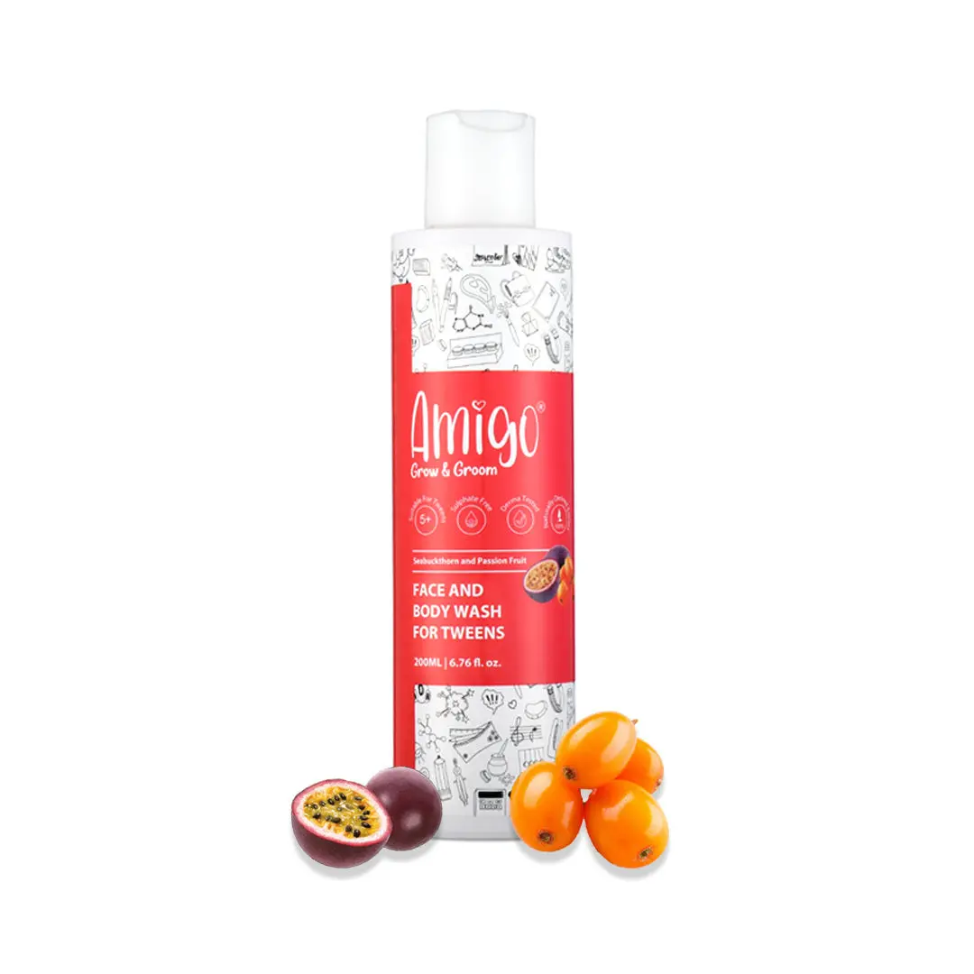 Amigo 2 IN 1 Face & Body wash for Kids, Paraben & Sulfate Free, Cleanses & Hydrates Skin - Passion Fruit & Sea Buckthorn extract (200 ml)