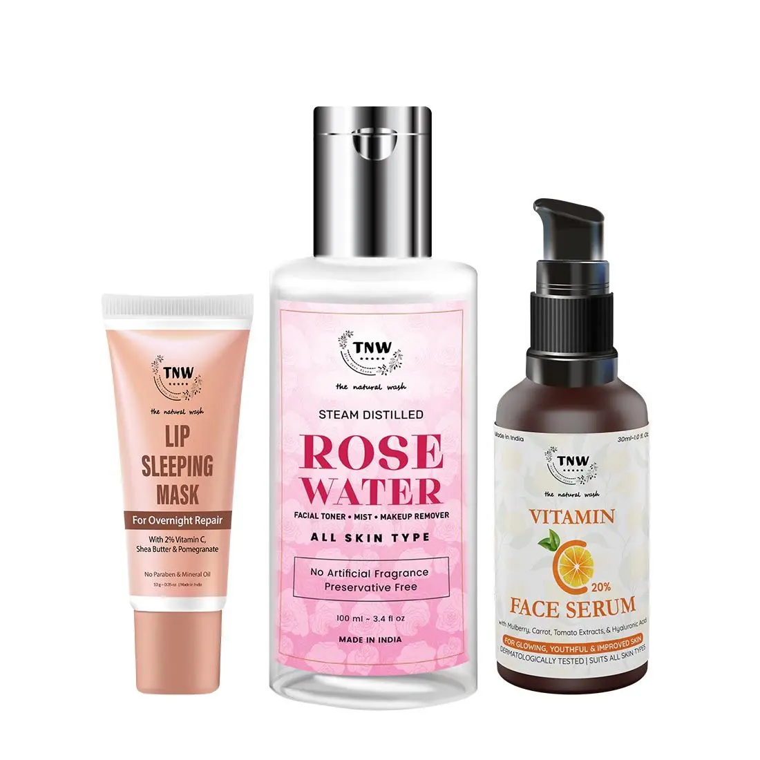 Combo of 3- Vitamin C Face Serum 30ml + Rose Water 100ml + Lip Sleeping Mask 10g