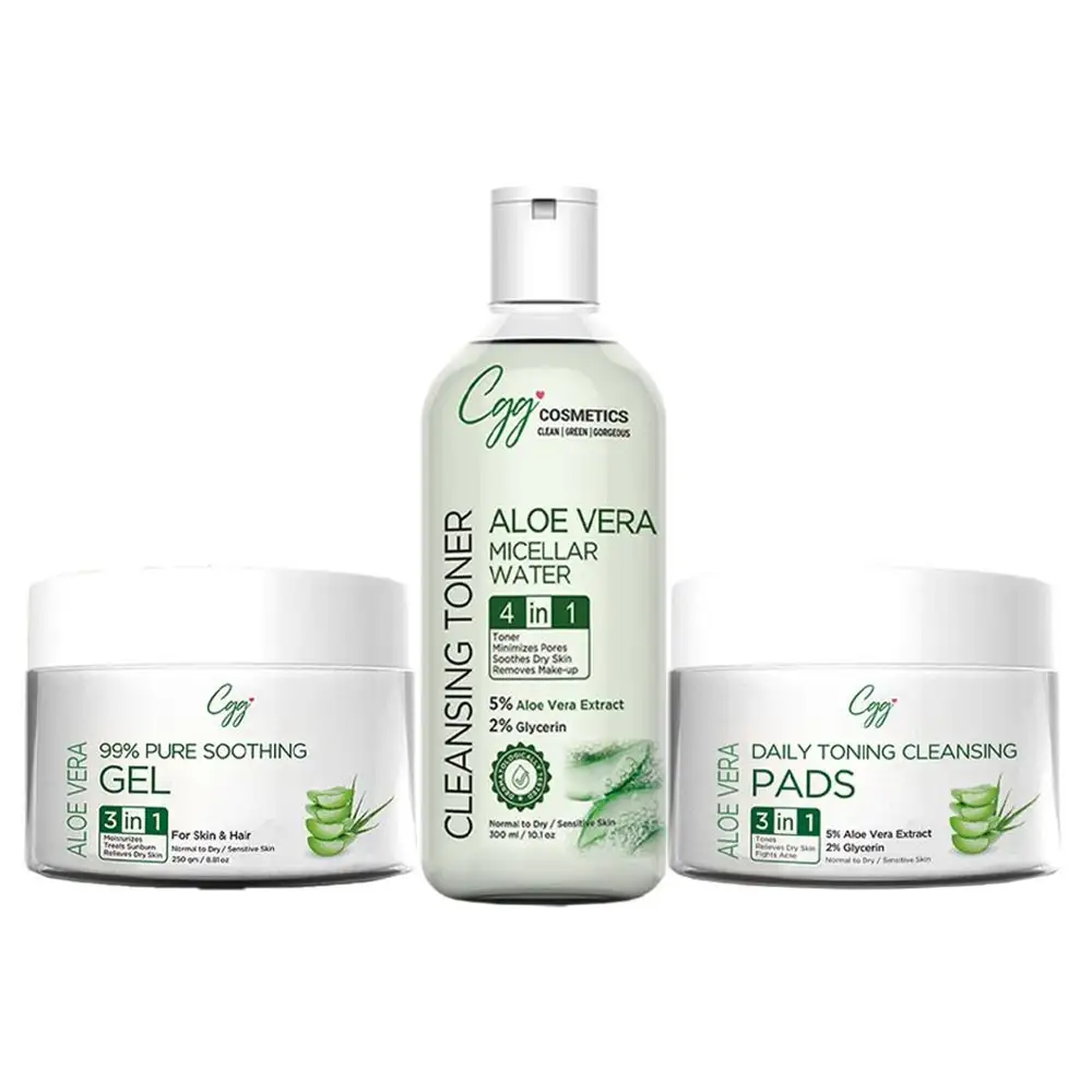 CGG Cosmetics Aloe Vera Facial Kit - Soothing Gel, Micellar Water, Daily Cleansing Pads Combo,  3 Piece(s)/Pack  Normal to Dry/Sensitive Skin