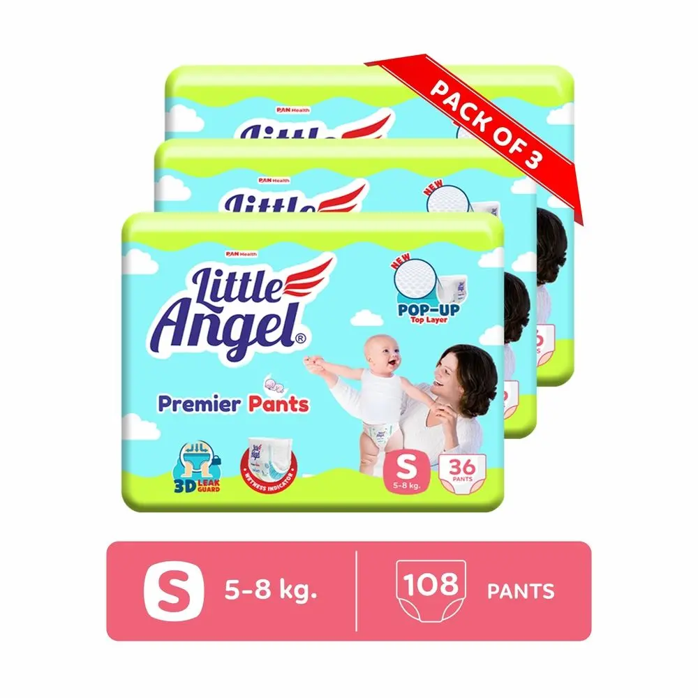 Little Angel Premier Pants Baby Diapers, Small (S) Size, 108 Count, Combo Pack of 3, 36 Count/pack with Wetness Indicator, 5-8 Kg