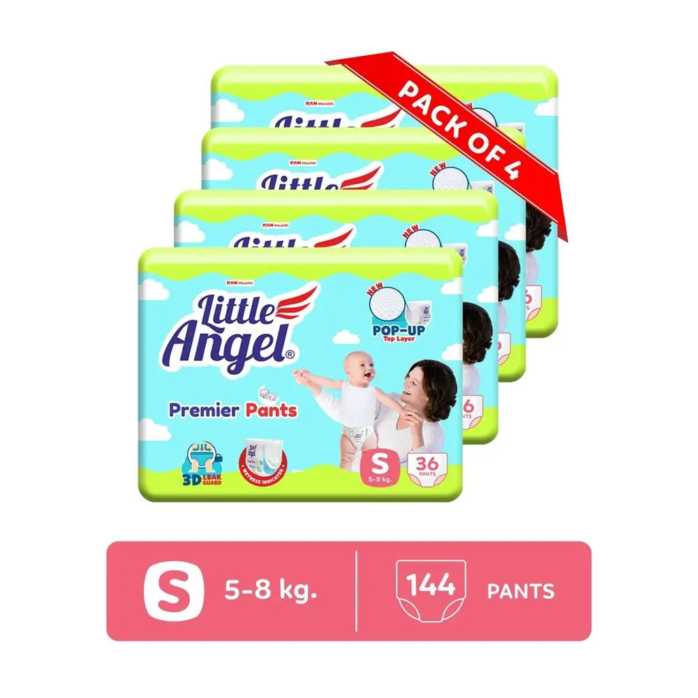 Little Angel Premier Pants Baby Diapers, Small (S) Size, 144 Count, Combo Pack of 4, 36 Count/pack with Wetness Indicator, 5-8 Kg