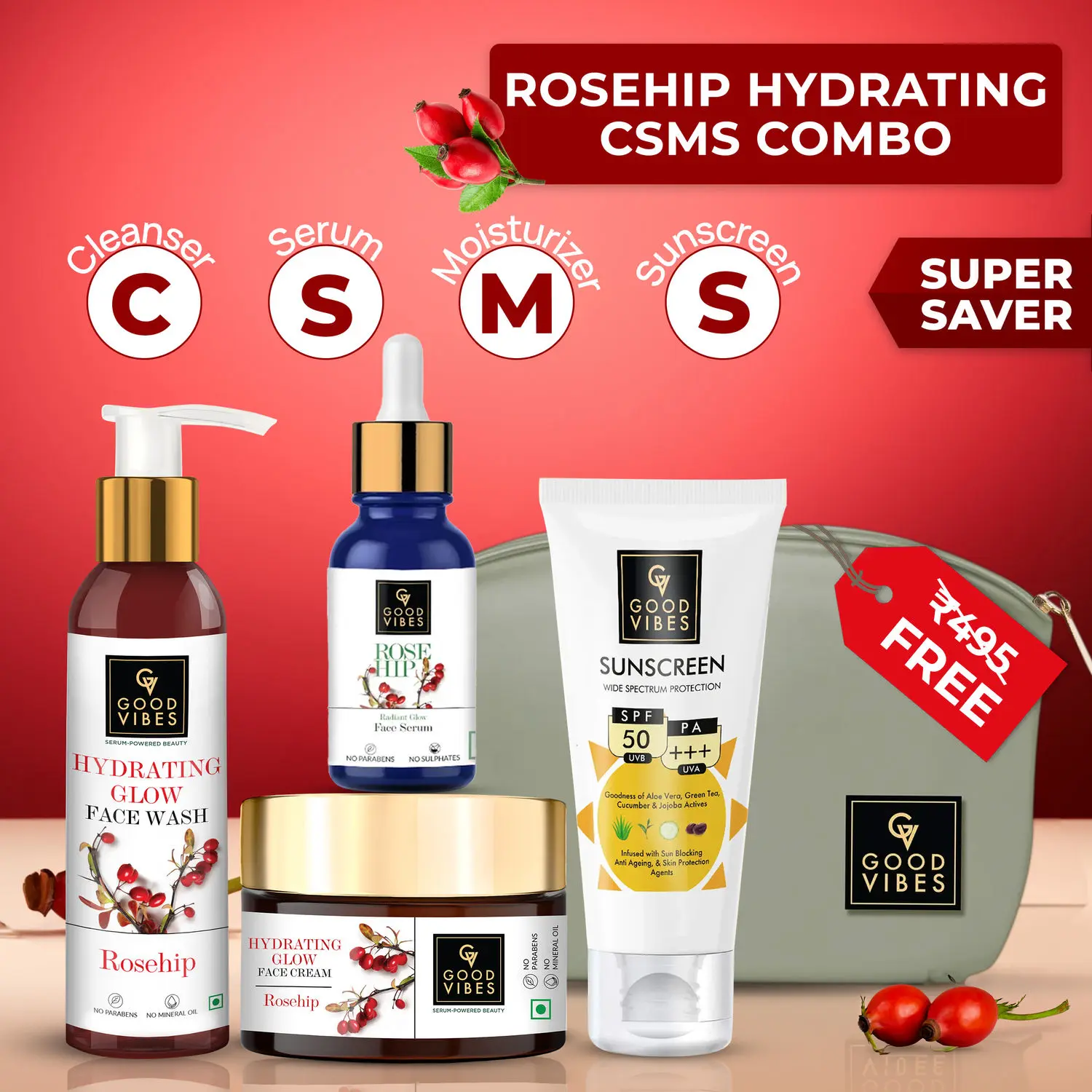 Good Vibes Rosehip Hydrating CSMS Combo (Set of 4) (Facewash + Serum + Moisturizer + Sunscreen)