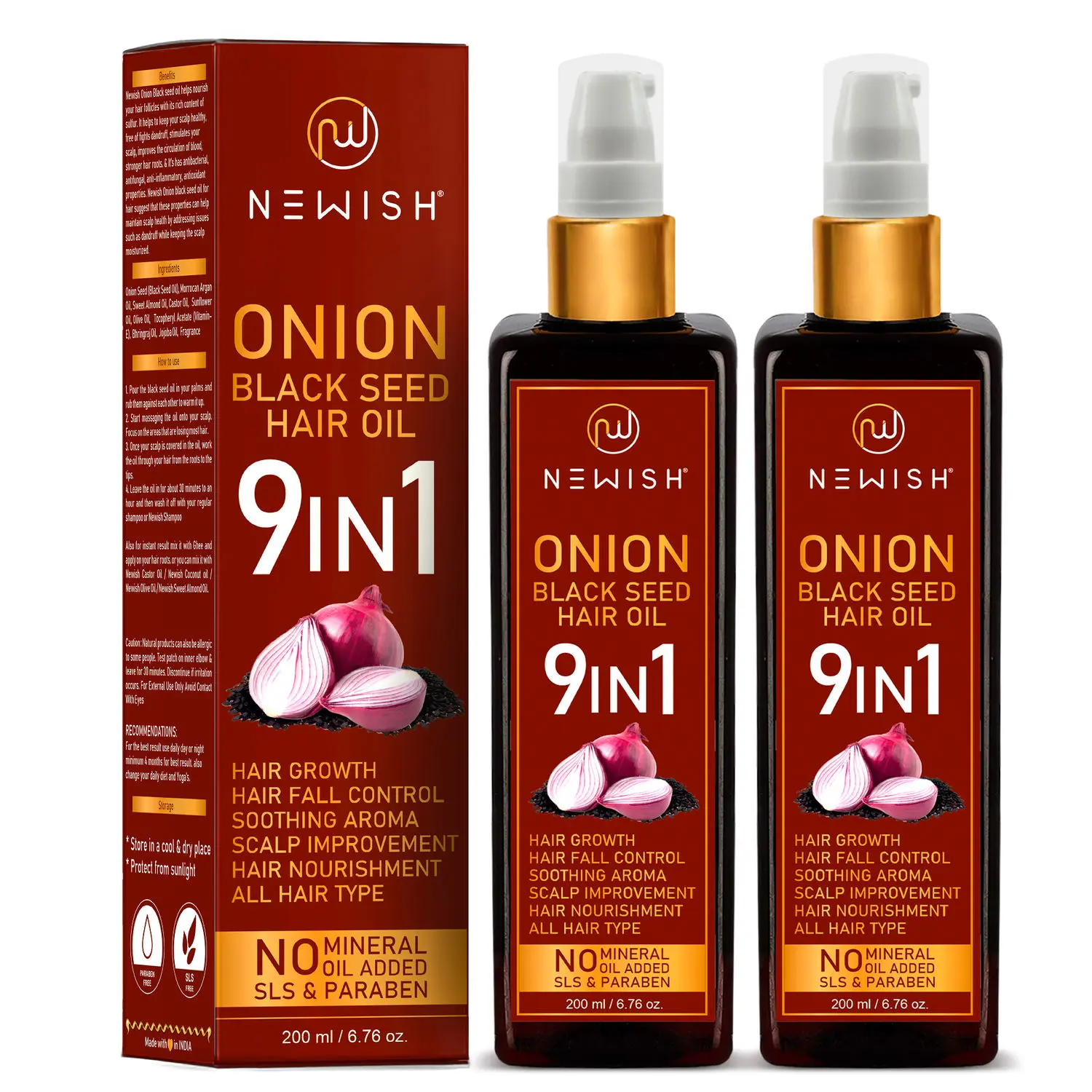 Newish Onion Black seed hair oil 9 in 1 Pack of 2 ( 200 ml each)