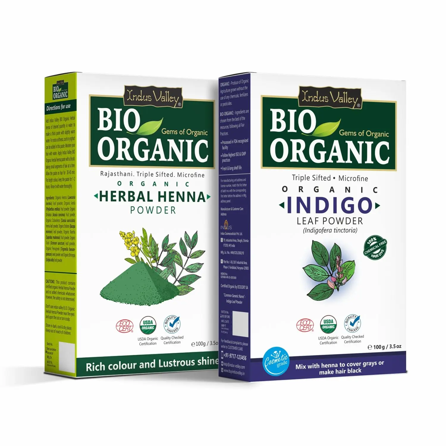 Indus Valley Bio Organic 100% Natural Indigo and Henna henna Powder Combo for Black Hair Colour