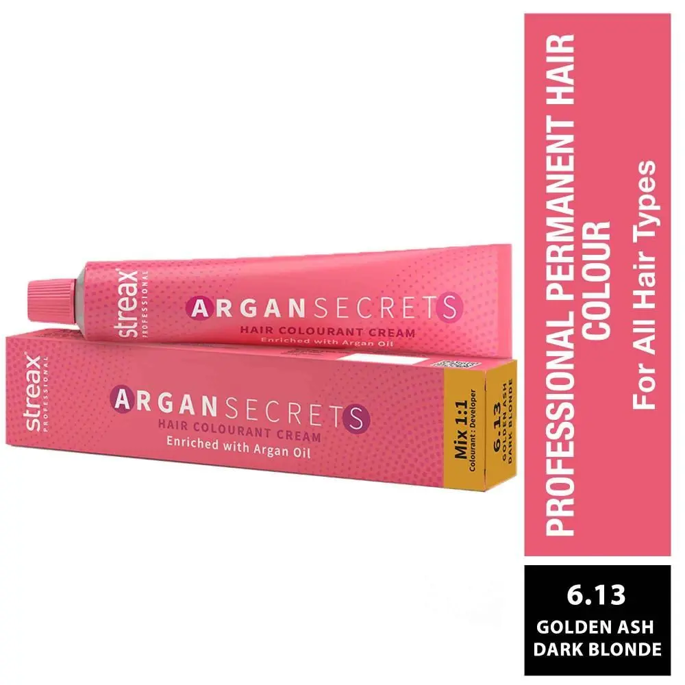 Streax Professional Argan Secrets Permanent Hair Colourant Cream - Golden Ash Dark Blonde 6.13 ( Enriched with Argan Oil) For All hair types , 60g