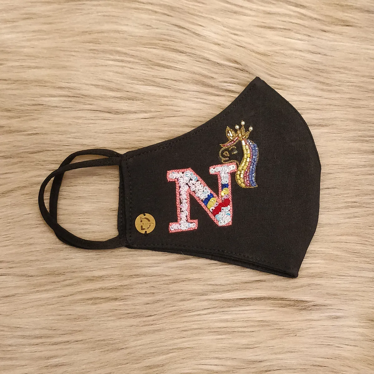 Diya Aswani Black Unicorn Themed Mask Letter N