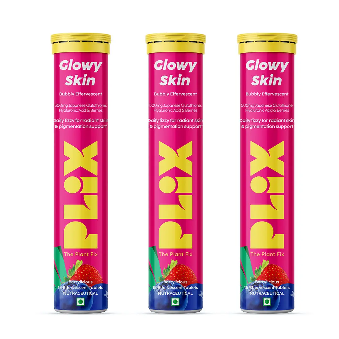 PLIX Skin Glow Glutathione 15 Effervescent Tablets For Clear And Youthful Skin | Pack Of 3 (Strawberry) | Vegan Vitamin E And Hyaluronic Acid