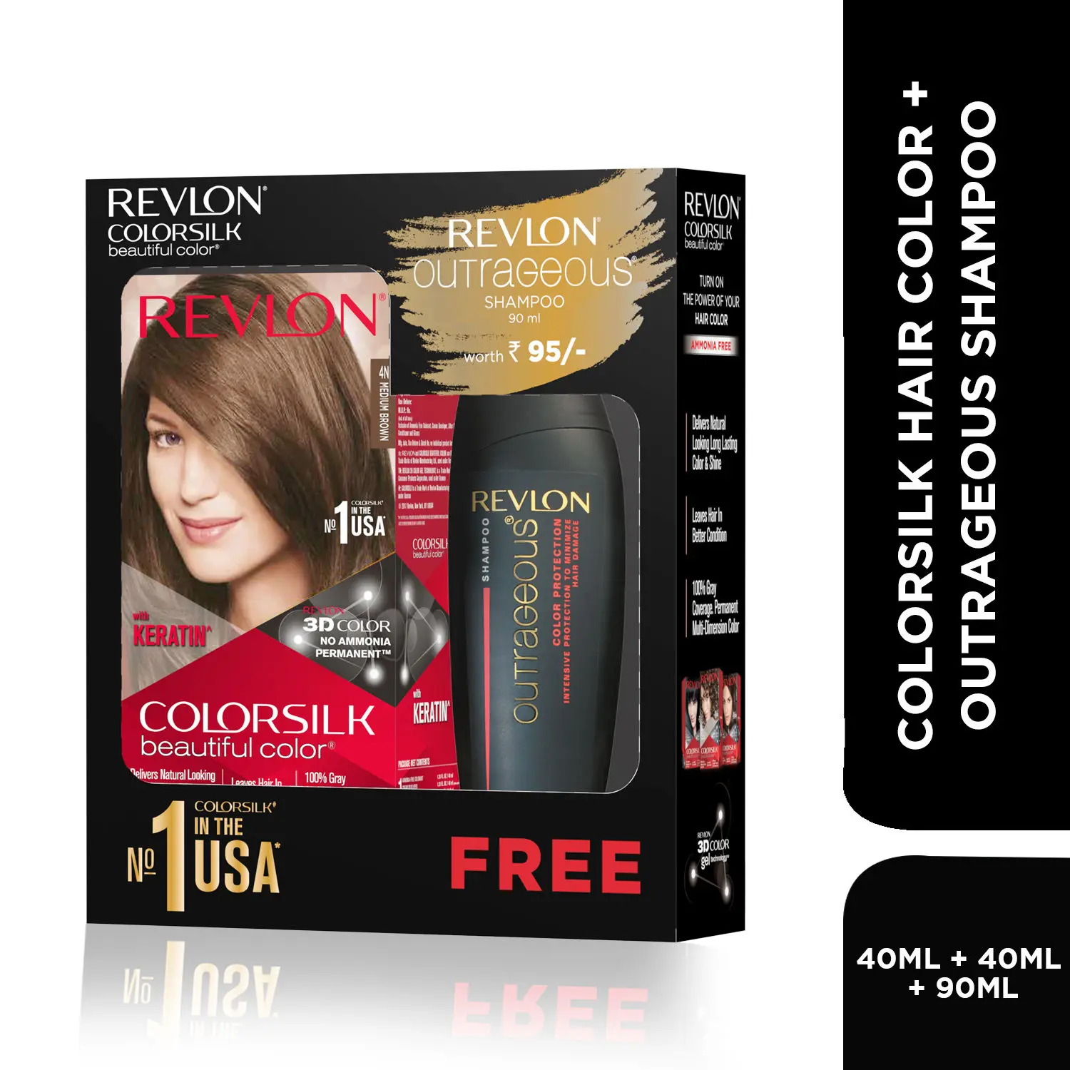 Revlon ColorSilk Hair Color with Keratin - 4N Medium Brown - (with Outrageous Shampoo 90 ml)