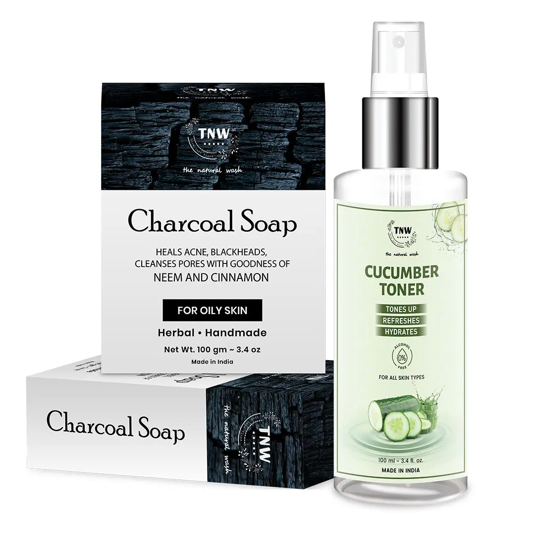 TNW-The Natural Wash Combo of Handmade Charcoal Soap & Cucumber Toner | Paraben Free Soap For Blackheads And Acne100G | Pore Tightening Toner .Oil Control And Removes Make Up With Aloe Vera .100 ML