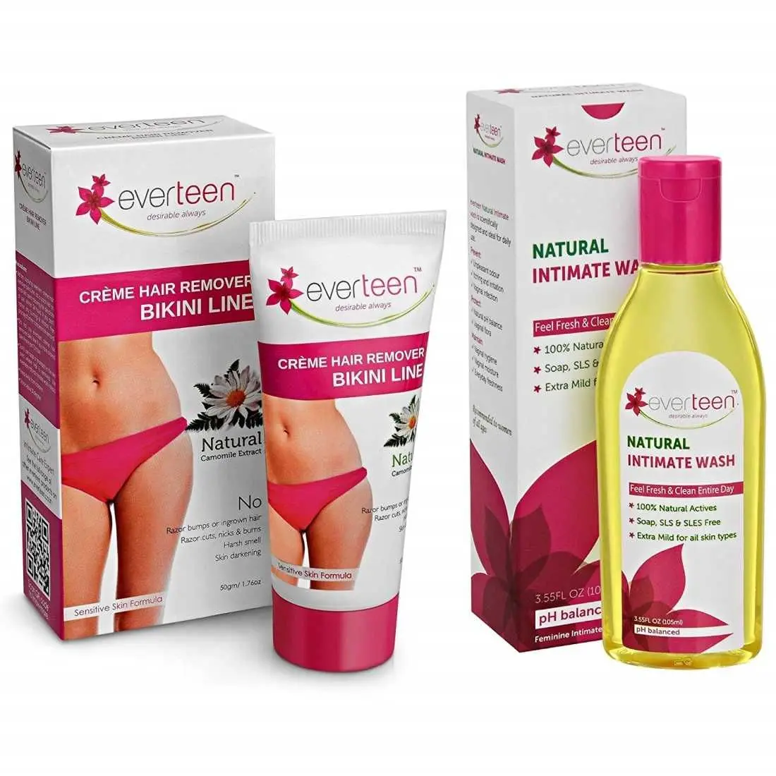 everteen Combo Bikini Line Hair Remover Cream (50g) and Natural Intimate Wash (105ml) for Women