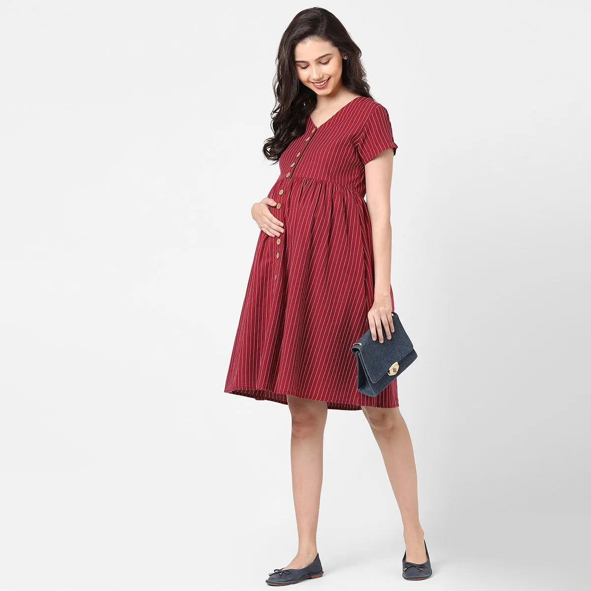 Mystere Paris Stylish Maternity Dress - Maroon (L)