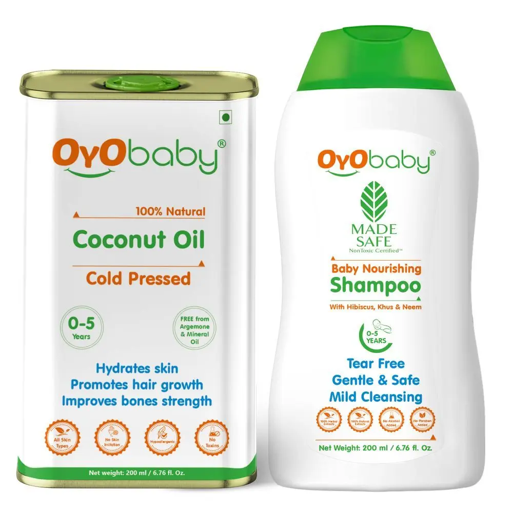 OYO BABY® New Born Combo Baby No Tears Baby Shampoo for Newborn Babies and Extra Virgin Coconut oil for baby massage skin and Hair (200ml Each)