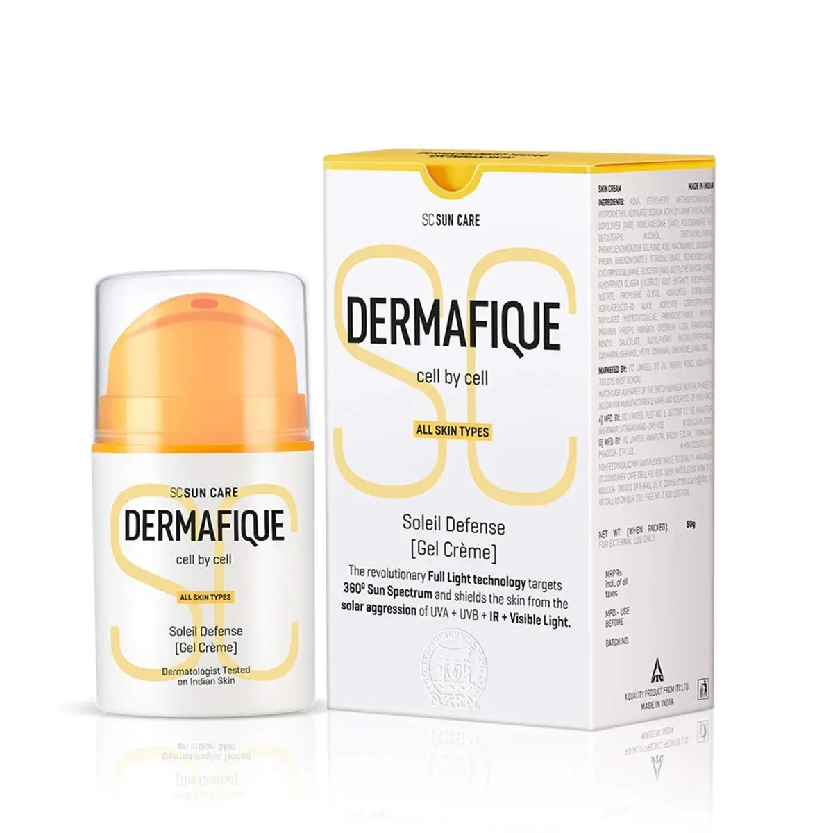 Dermafique Soleil Defense Gel Creme SPF 30 Sunscreen, for All Skin Types, Protects from tanning and pigmentation, Targets UVA, UVB, Infra-red and Visibile Light, , Lightweight & Non-sticky, Dermatologist Tested, paraben free (50 g)