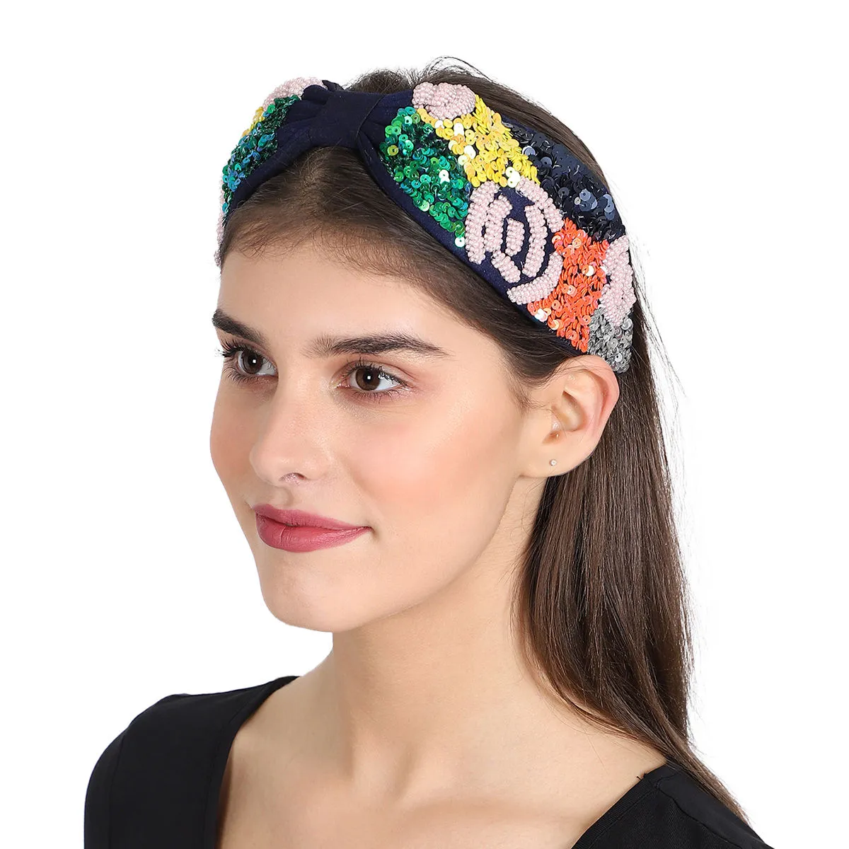 Anekaant Navy/multi Faux Silk Sequin/beaded Hairband