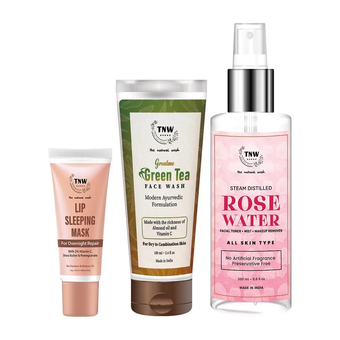 Combo of 3- Green Tea Face Wash 100ml + Rose Water Spray Bottle 200ml + Lip Sleeping Mask 10g