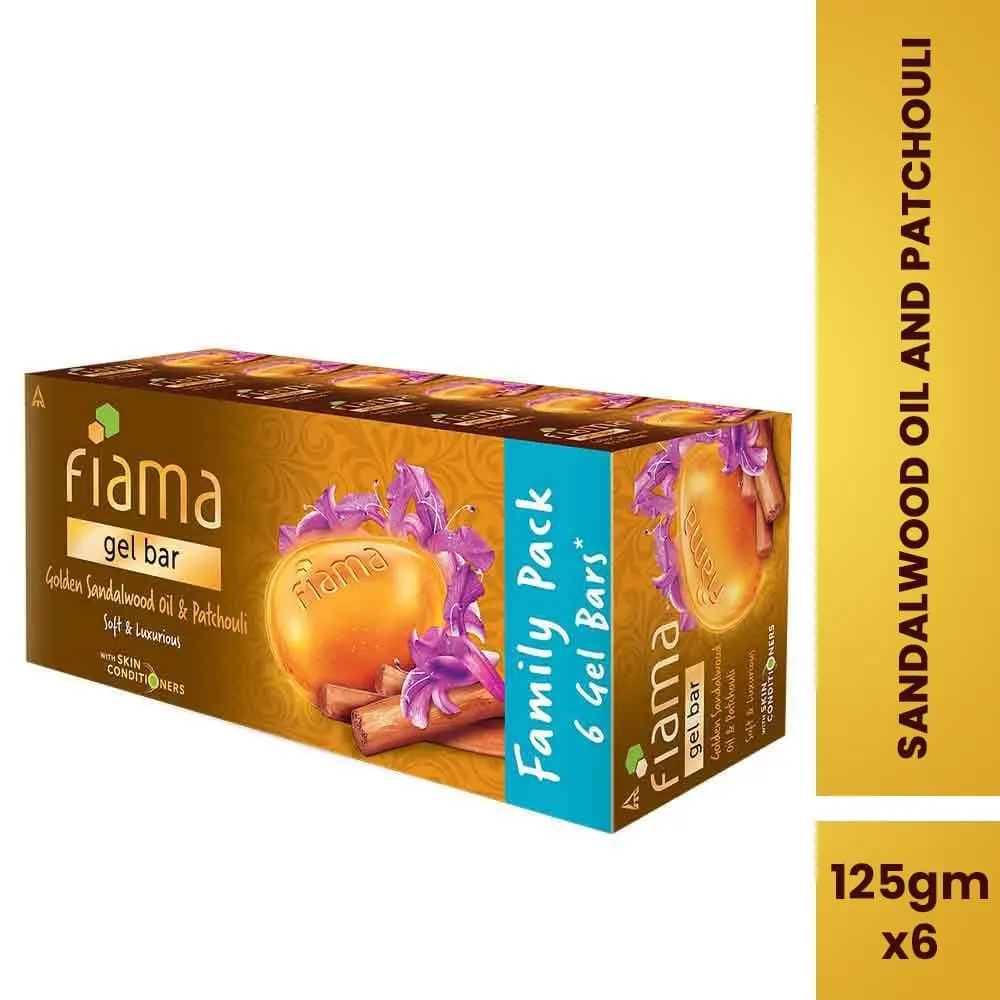 Fiama Gel bathing bar Golden Sandalwood oil and Patchouli with skin conditioners for soft and luxurious skin, 125gx6