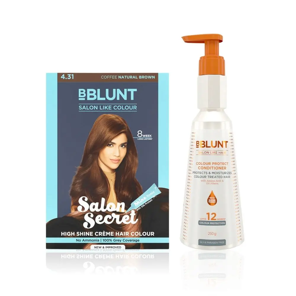 BBlunt Salon Secret High Shine Creme Hair Colour Coffee Natural Brown (152 ml) + BBLUNT Colour Protect Conditioner- 250 g