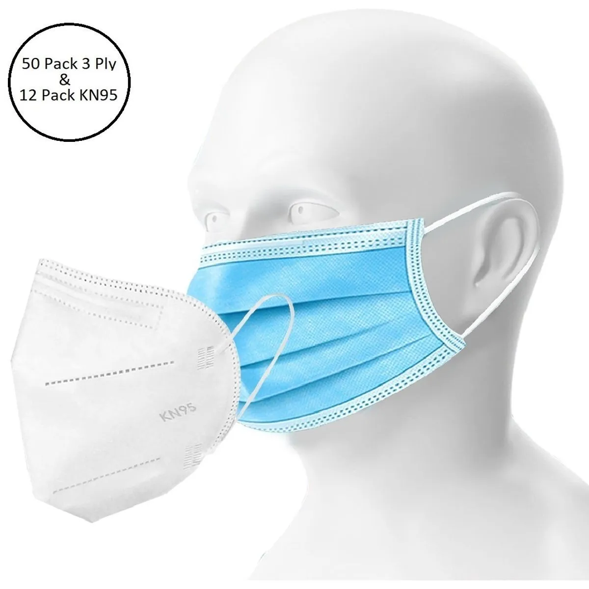 Fabula Unisex Double Mask Set Of 50 Disposable & 12 KN95 / N95 Masks (White )