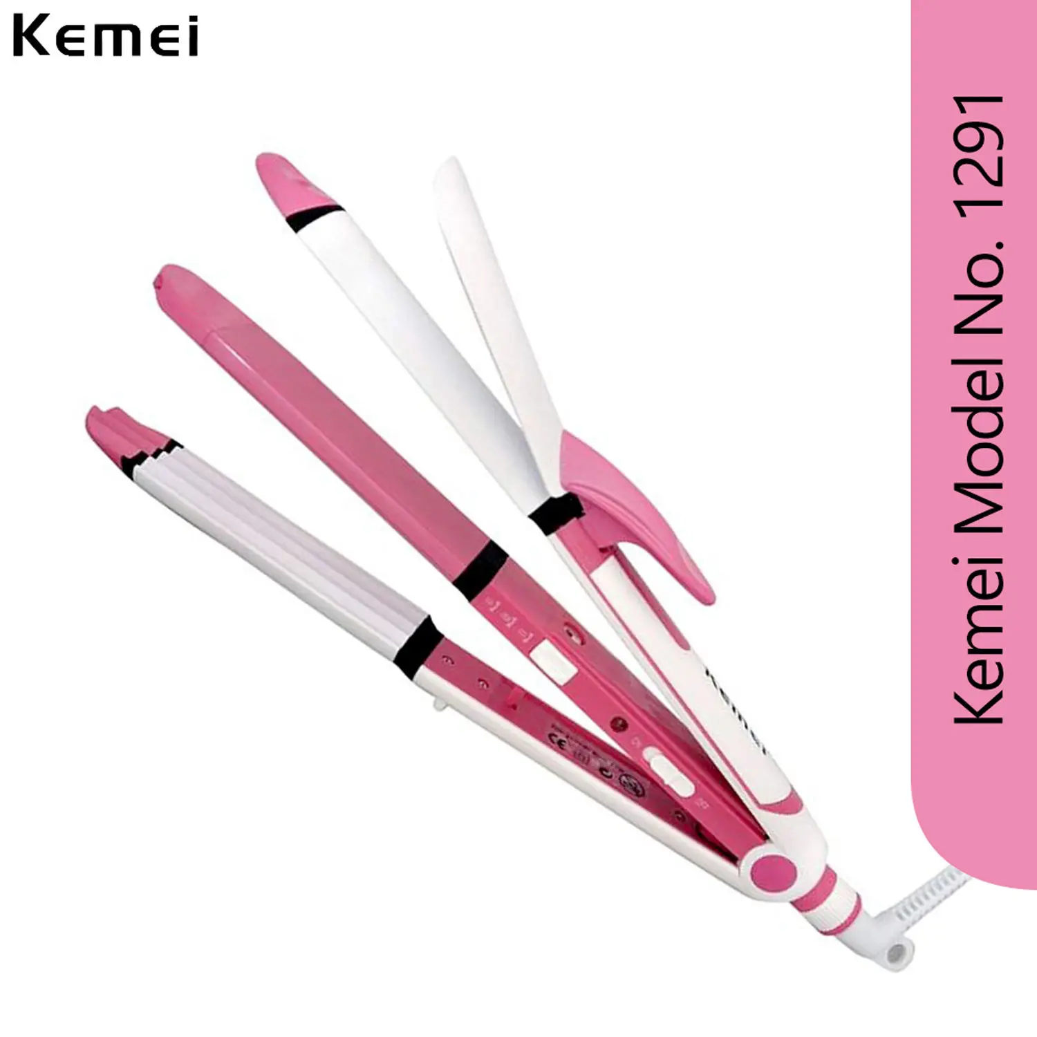 Kemei KM-1291. 3 in 1 Hair Straightener, Hair Crimper & Hair Curler