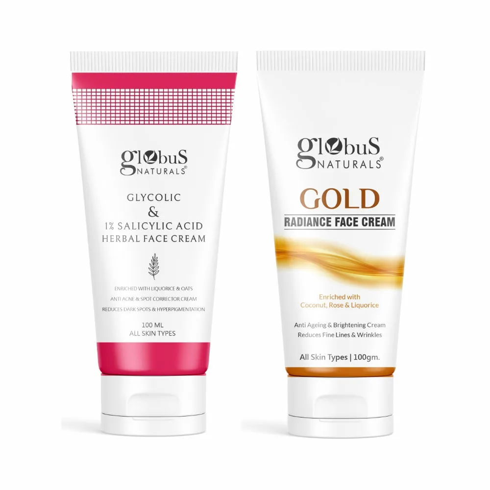 Globus Naturals Glycolic + 1% Salicylic Acid and Gold Radiance Face Cream Combo - Set of 2