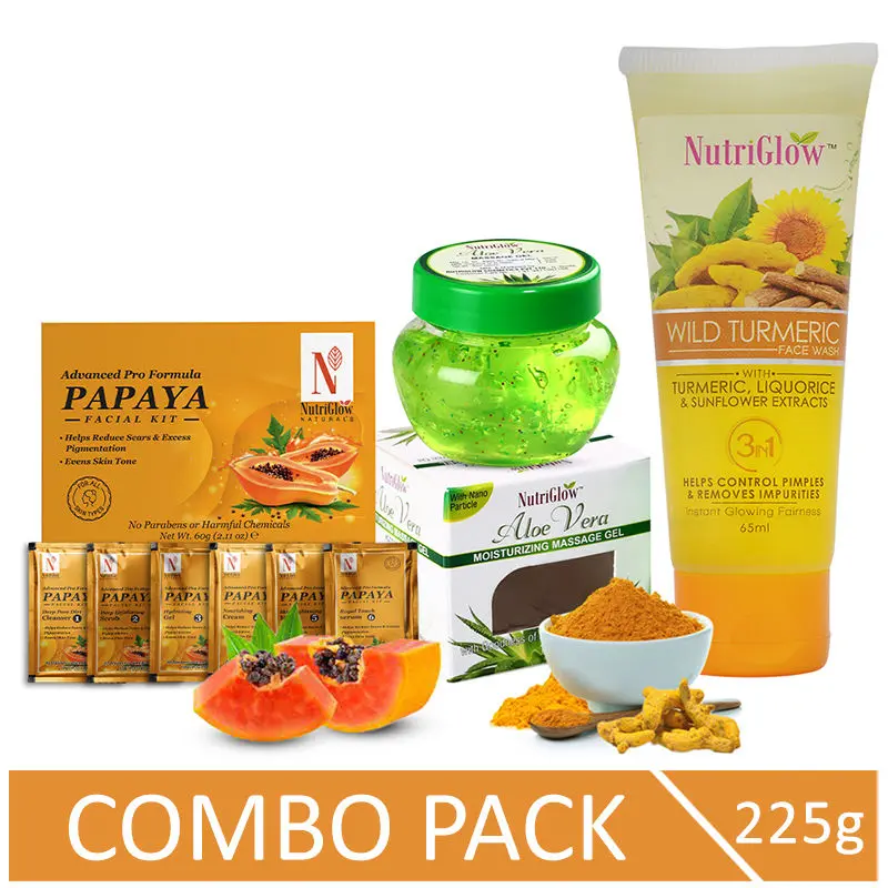 NutriGlow NATURAL'S Advanced Pro Formula Combo of 3 Papaya Facial Kit (60 gm)/ Aloe Vera Face Gel (100 gm) & Wild Turmeric Face Wash (65 ml)