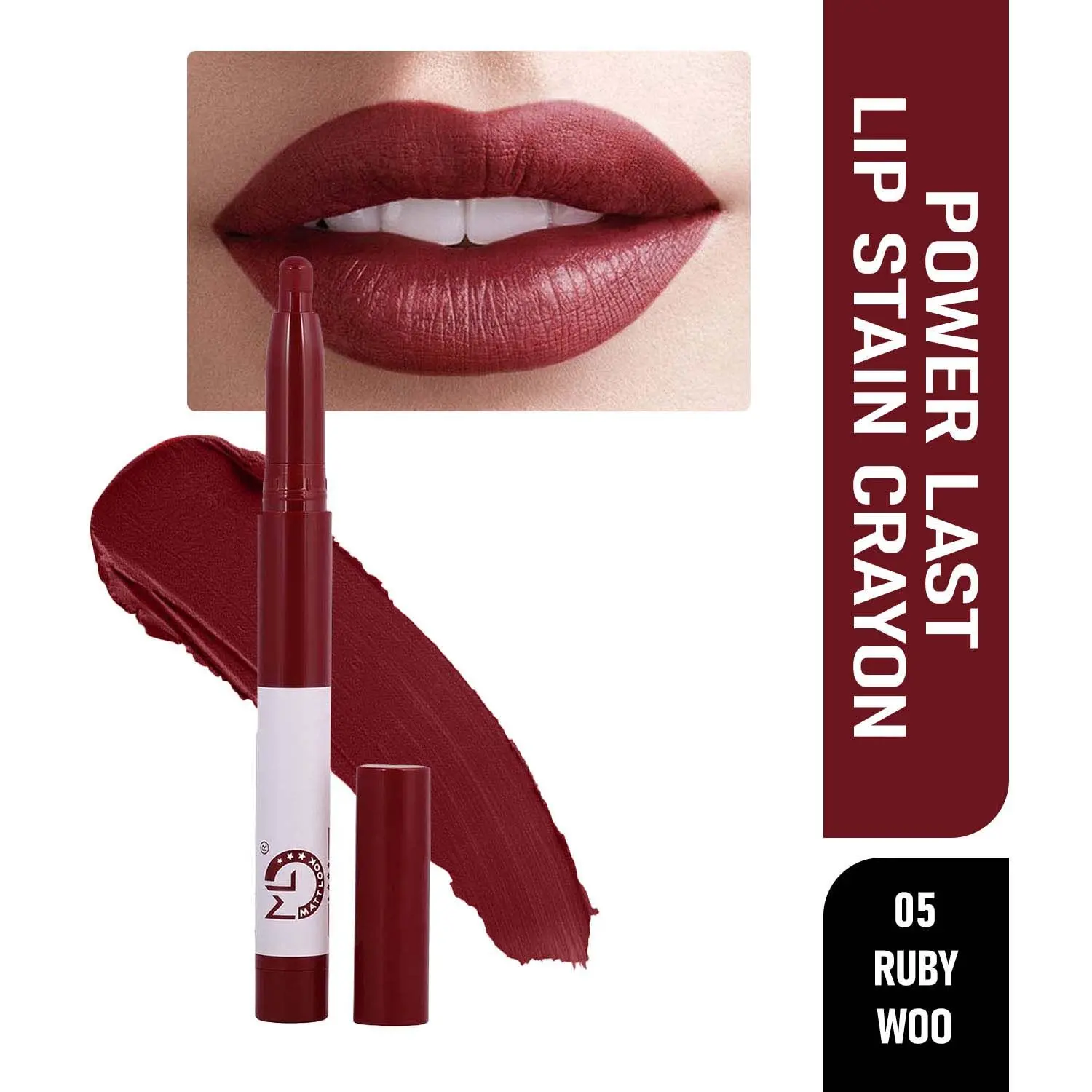 Matt look Power Last Lip Stain Crayon Lipstick, Rich Colour, Non Transfer, Mask Proof & Luxurious Creamy Matte, Ruby Woo (1.3g)