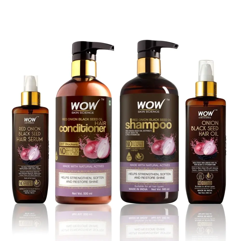 WOW Skin Science Red Onion Black Seed Oil Hair Nourish and Shine Kit ( Hair Oil (200 ml) + Shampoo (500 ml) + Conditioner (500 ml) + Hair Serum (100 ml))