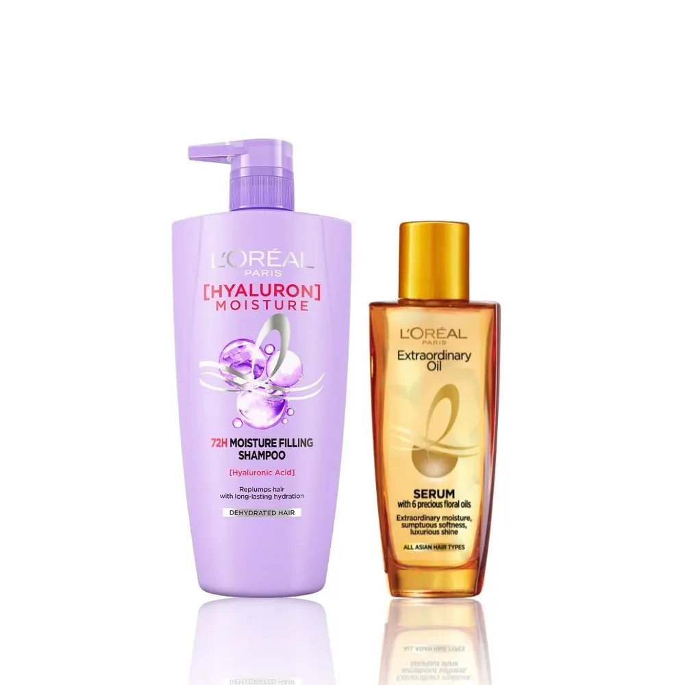 L'Oreal Paris Ultimate Hair Moisture and Shine Duo 3 (Hyaluron Moisture 72H Moisture Shampoo (1L), Extraordinary Oil Serum (30 ml))