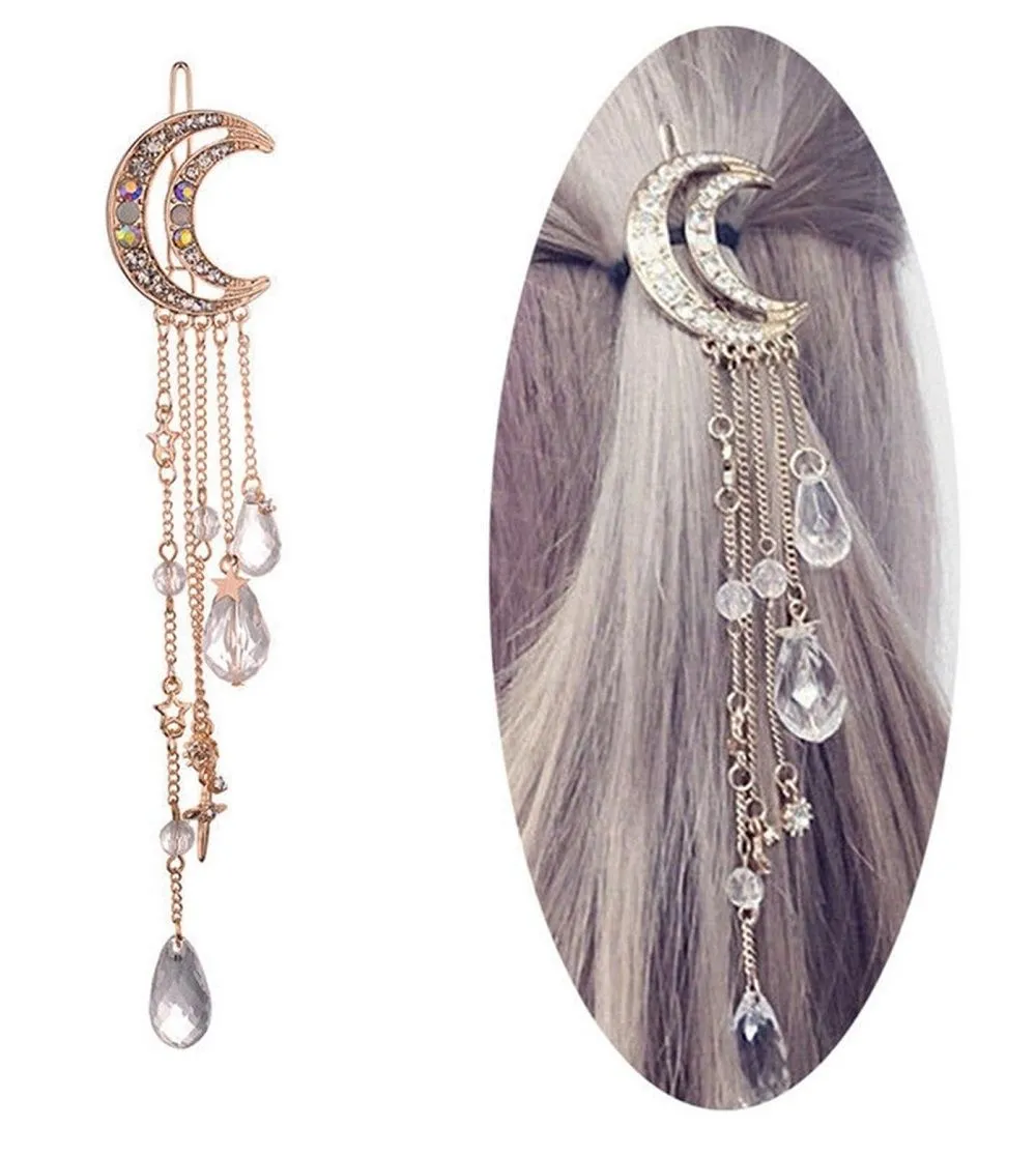 OOMPH Jewellery Gold Tone Large Moon Shape Tassel & Beads HairPin / HairClip