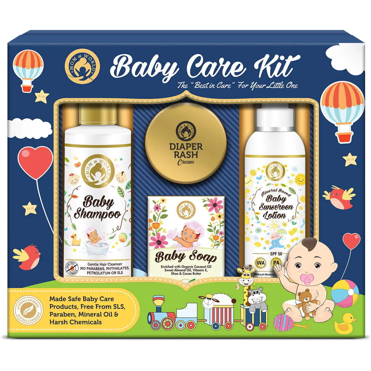 Mom & World Baby Care Collection Gift Pack - Baby Shampoo + Baby Soap + Baby Sunscreen Lotion + Diaper Rash Cream