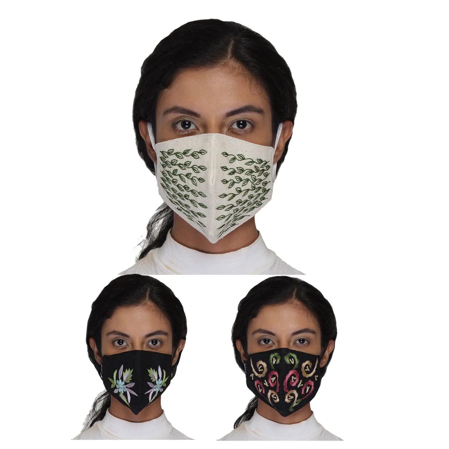 Anekaant Multicolor Reusable 3-Ply Cotton Embroidered Fabric Fashion Mask (Pack Of 3)