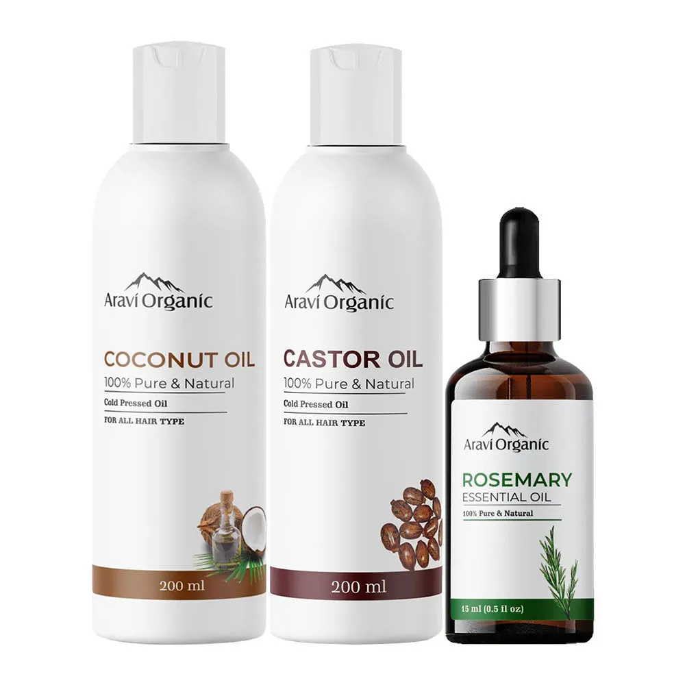 Aravi Organic Cold Pressed Castor Oil, Extra Virgin Coconut Oil & Rosemary Essential Oil Combo