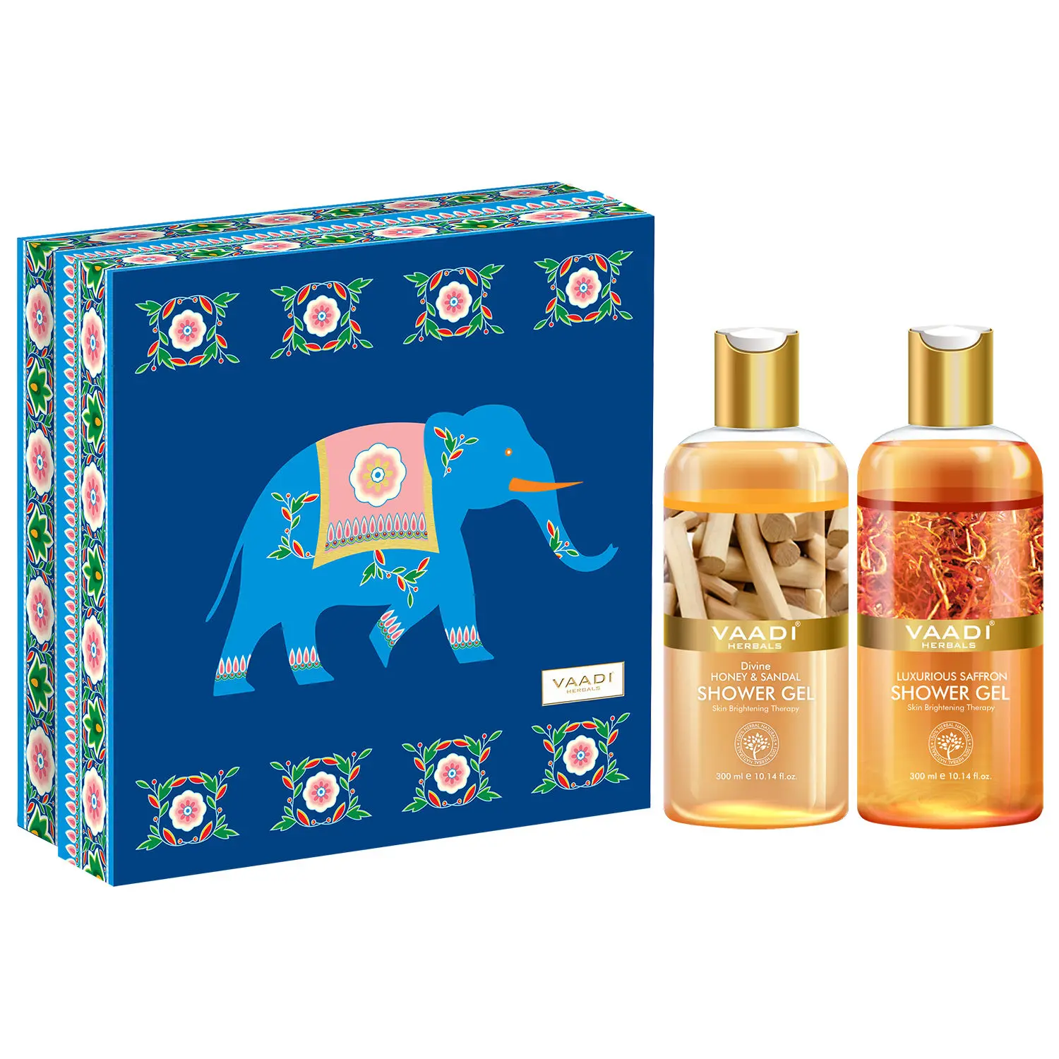 Vaadi Herbals Royal India Shower Gels Gift Box - Luxurious Saffron (300 ml) & Divine Honey & Sandal (300 ml) (Royal Elephant)( 300 ml x 2 )