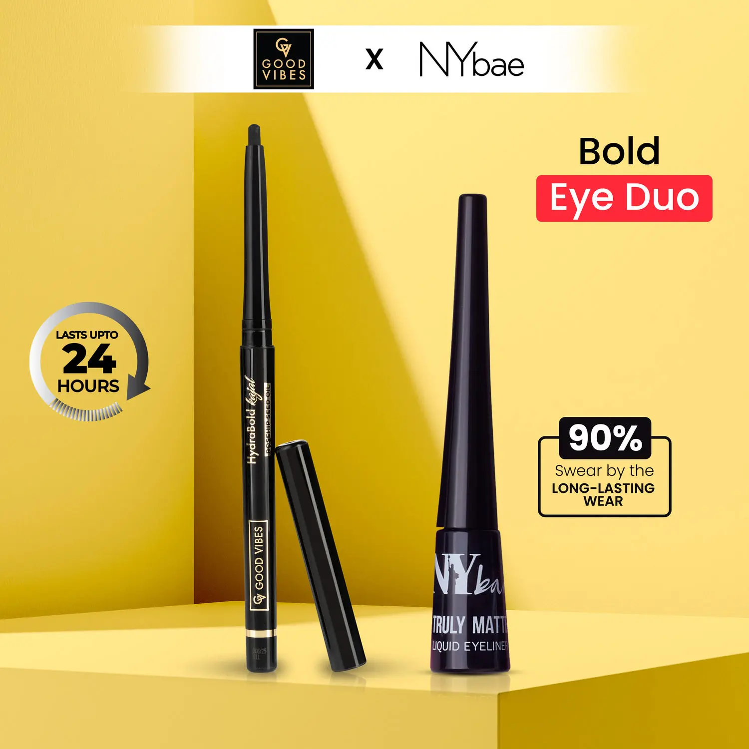  Good Vibes x NY Bae Eye Drama Kit By Purplle | Bestsellers | HydraBold Kajal | Liquid Eyeliner | Combo