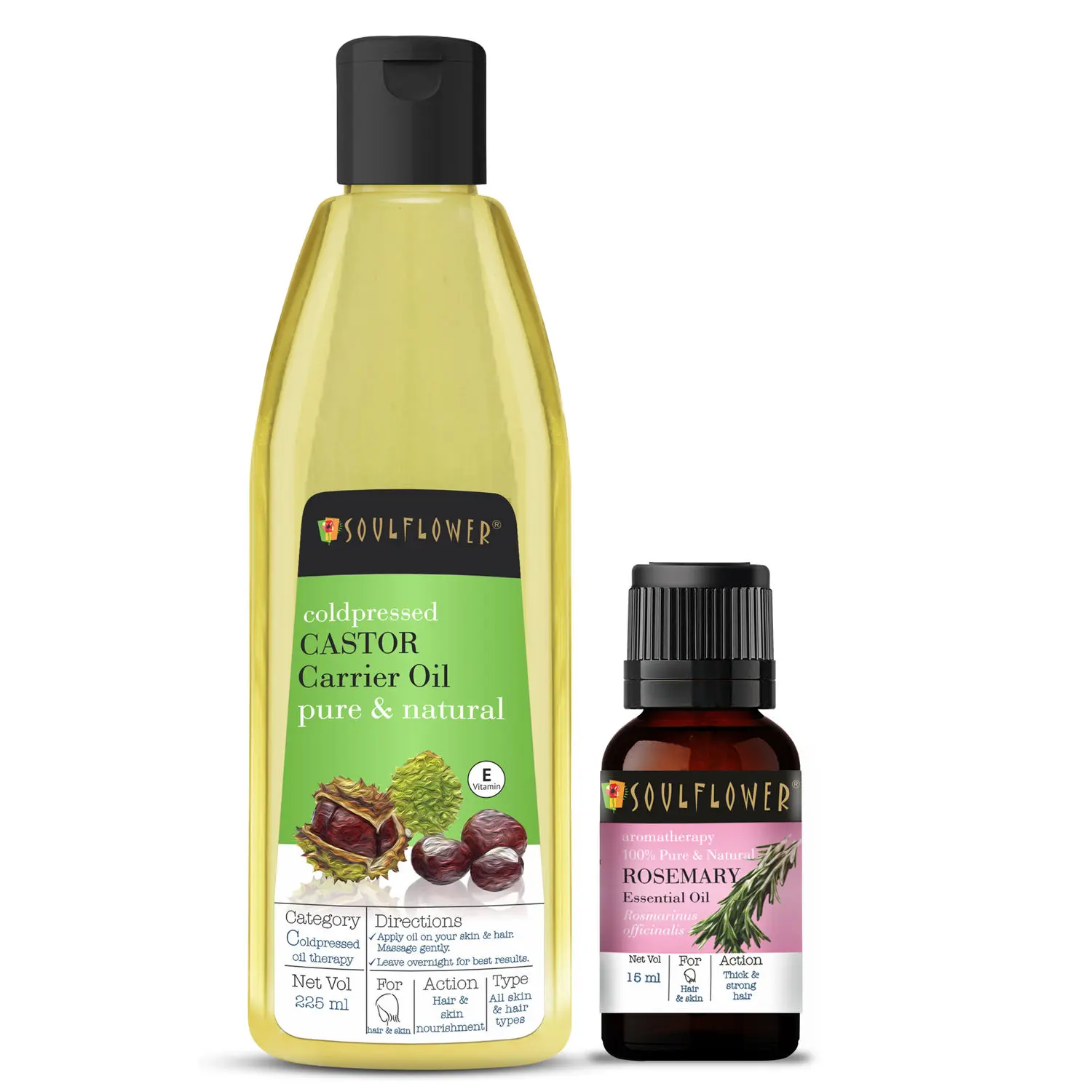 Soulflower Coldpressed Castor Hair Oil (225ml) and Rosemary Essential Oil (15ml) Pack of 2