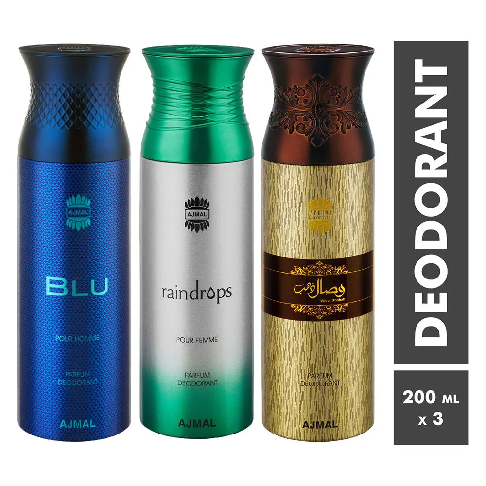 Ajmal Blu, Raindrops & Wisal Dhahab Parfum Deodorant For Men and Women - Pack Of 3