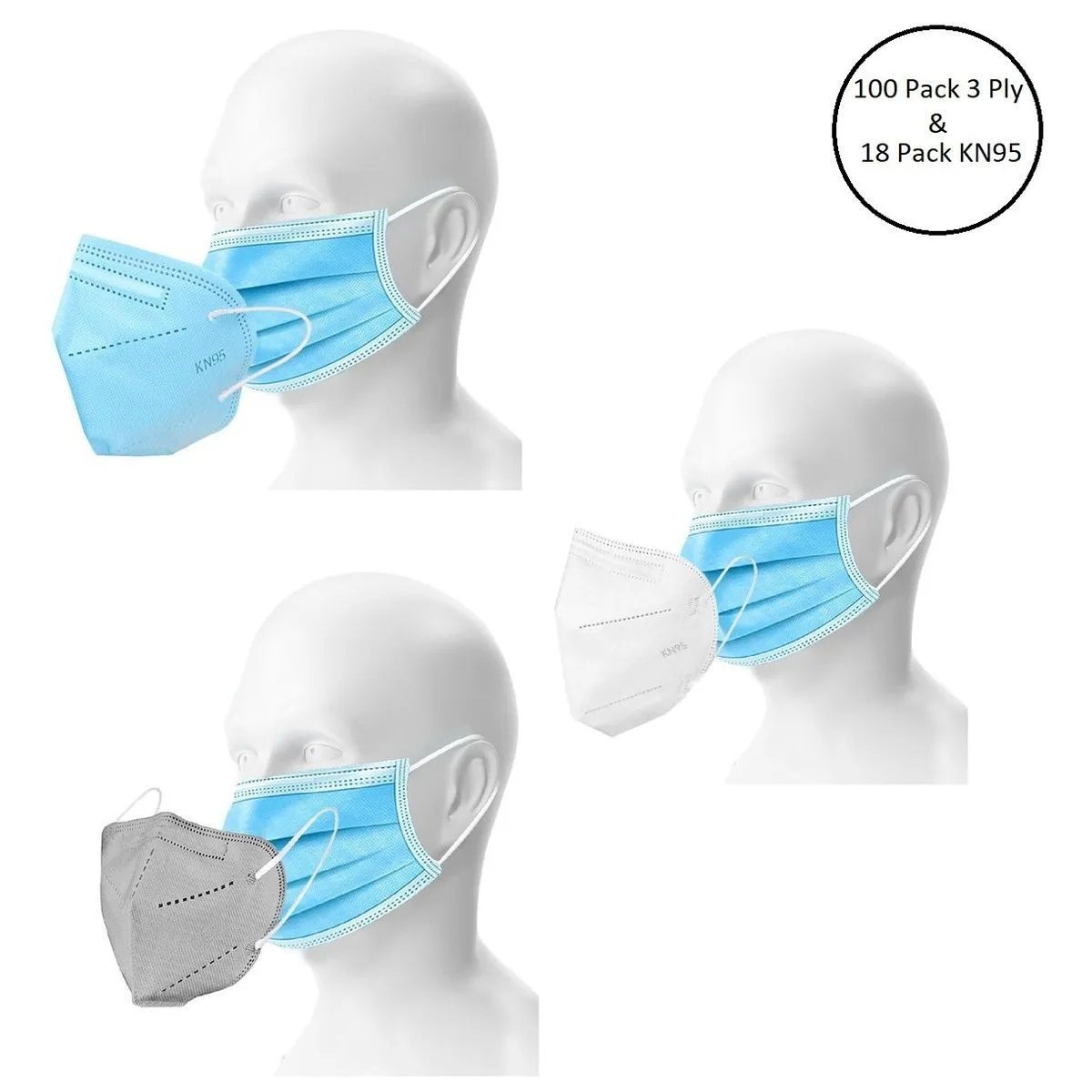 OOMPH Unisex Double Mask Set Of 100 Disposable & 18 KN95 / N95 Masks (Blue, Grey, White )