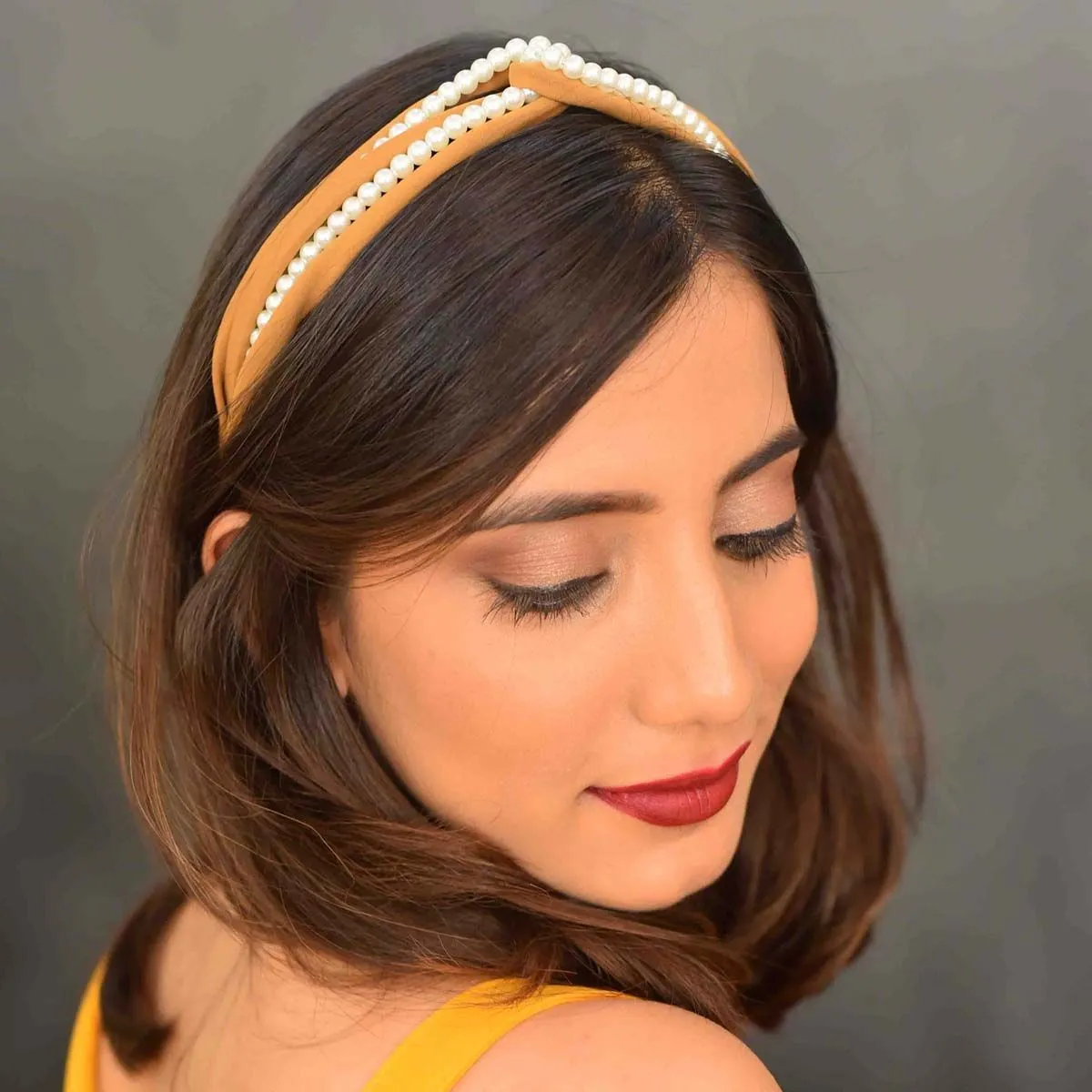 YoungWildFree Brown Beige Top Knot Hair Band With Pearls - Cute Fancy Design For Women And Girls