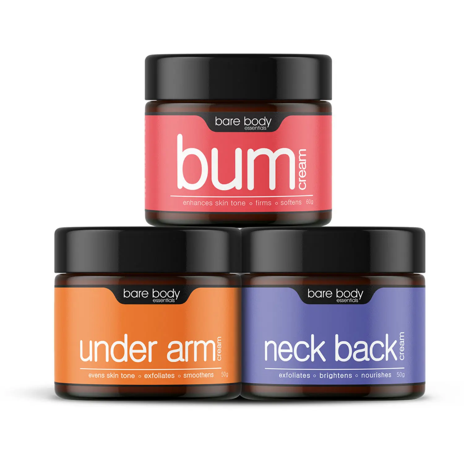 Bare Body Essentials Perfect Body Combo - Underarm Cream (50 g), Bum Cream (60 g) & Neck Back Cream (50 g)