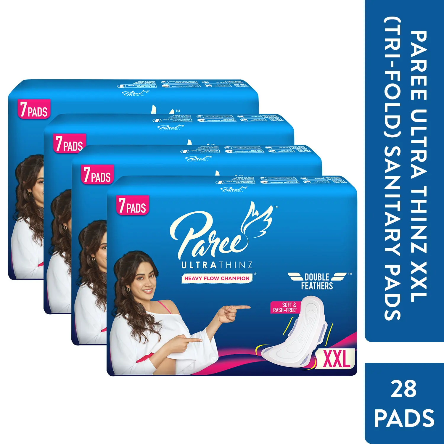 Paree Ultra Thinz Soft & Rash Free Comfort Sanitary Pads for Women With Double Feathers for Quick Absorption, XXL| Tri-Fold and Convenient Disposable Covers, 28 Pads