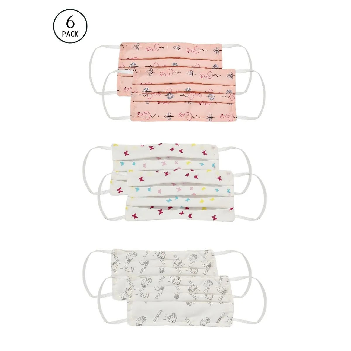 Bellofox Flamingo, Butterflies And Brunch 3-layer 3-ply Cotton Face Mask (set Of 6)