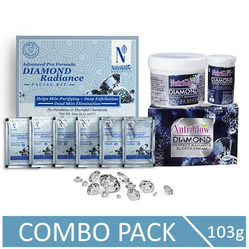 NutriGlow NATURAL'S Advanced Pro Formula Diamond Radiance Facial Kit (60 gm) & Bleach Cream For Skin Tone Correction (43 gm)