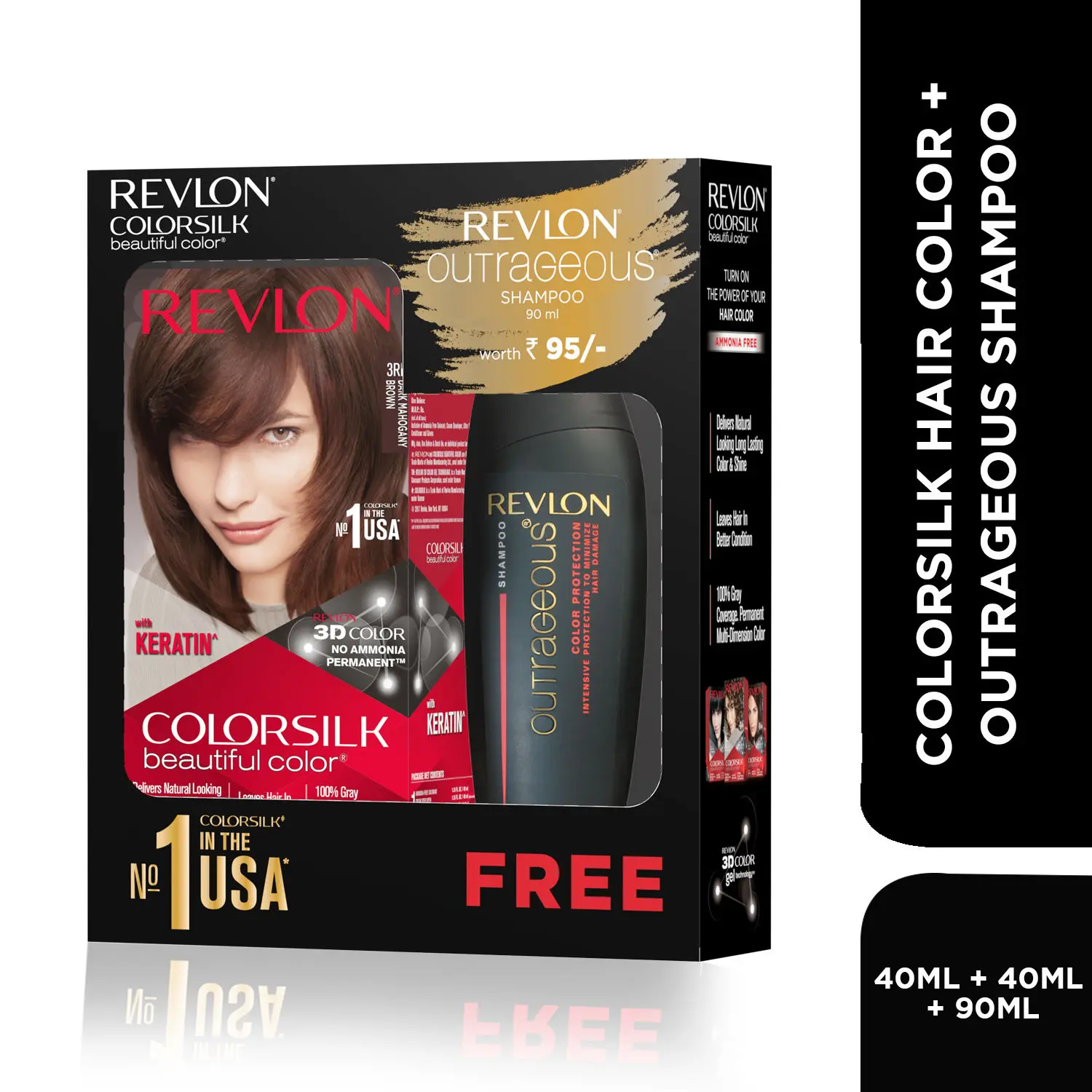 Revlon ColorSilk Hair Color with Keratin - 3RB Dark Mahogany Brown - (with Outrageous Shampoo 90 ml)