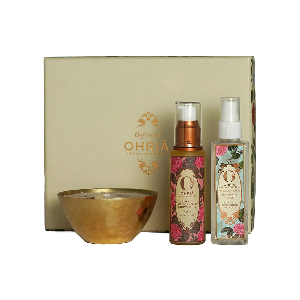 Ohria Royal Ayurveda Rose Box - Small (with Facial Mist- Shower Oil- and Candle Katori)