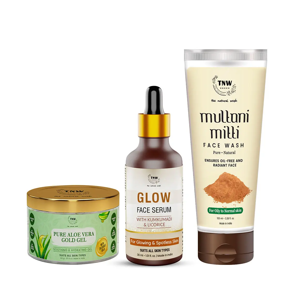 Combo of 3- Multani Mitti Face Wash 100ml & Aloe Vera Gold Gel 100gm & Glow Face Serum 30ml