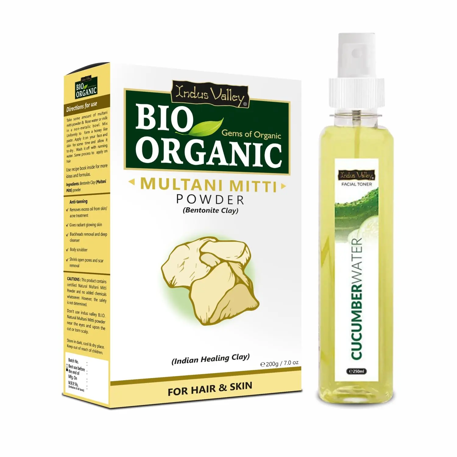 Indus Valley Bio Organic Multani Mitti Powder & Aloevera Cucumber water Toner for skin & face care - (200g+250ml)