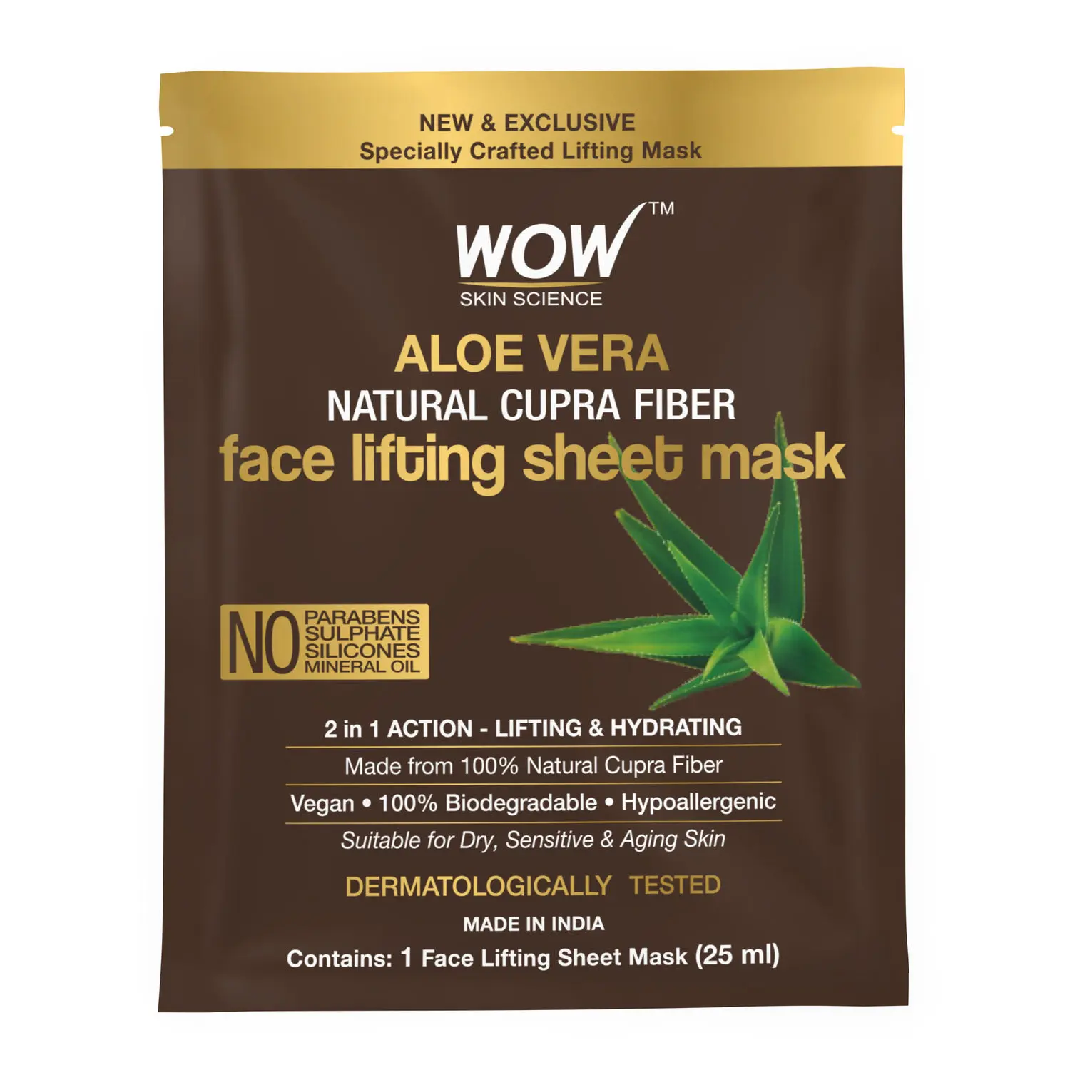 WOW Skin Science Aloe Vera Natural Cupra Fiber Face Lifting Sheet Mask - For Skin Toning And Skin Brightening - 25ml