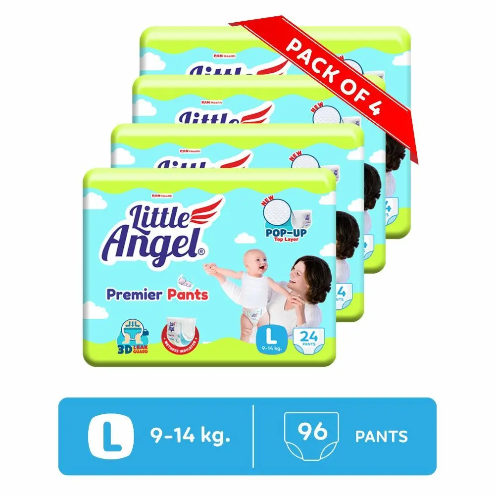 Little Angel Premier Pants Baby Diapers, Large (L) Size, 96 Count, Combo Pack of 4, 24 Count/pack with Wetness Indicator, 9-14 Kg